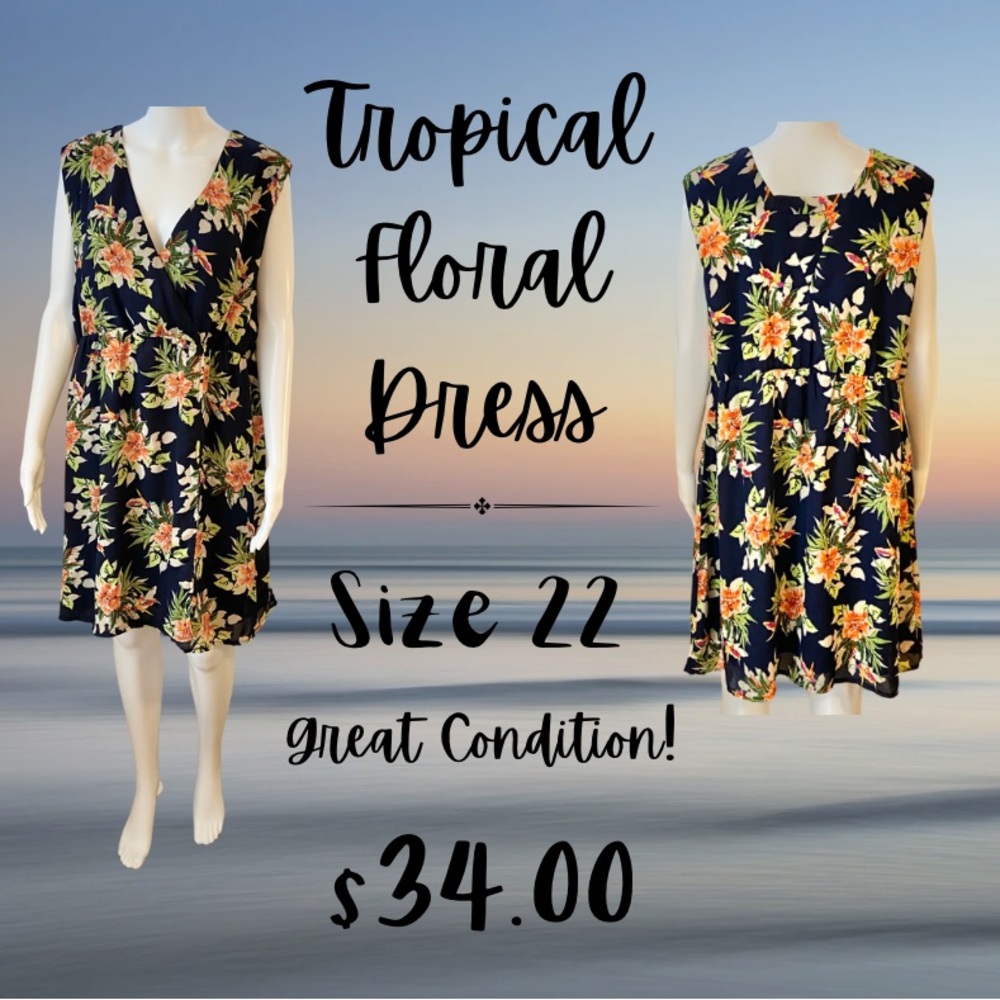 Women’s Plus Size Sleeveless V Neck Tropical Vacation Floral Dress